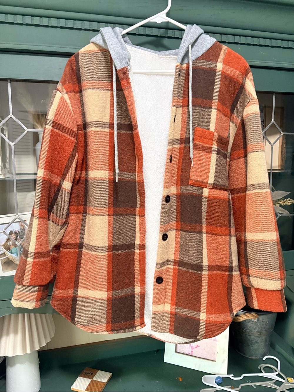 Plaid Hooded Shacket in Rust, Brown & Cream